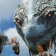 God of War's Kratos holds up a decapitated head to a sea serpant.